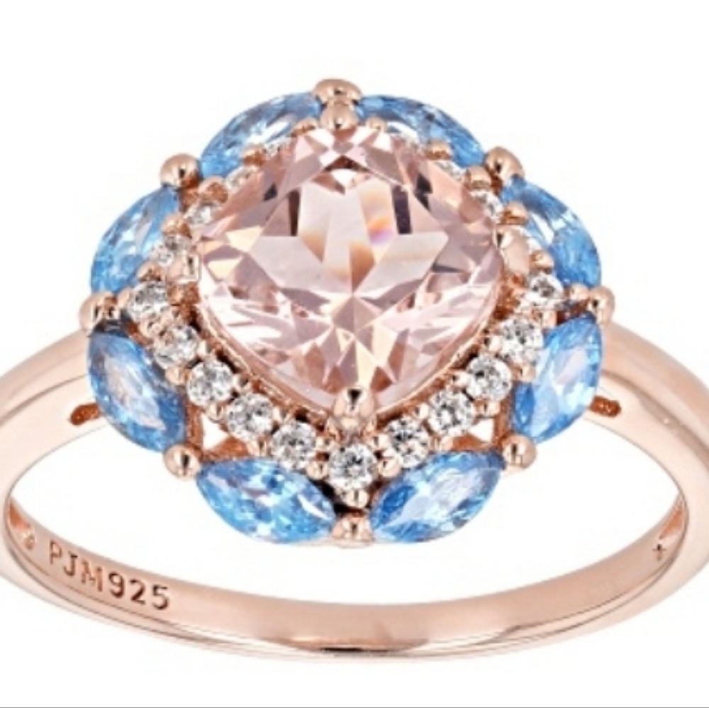 Rose Gold and Sterling Silver Morganite, Aqua and Cubic Zirconia Ring